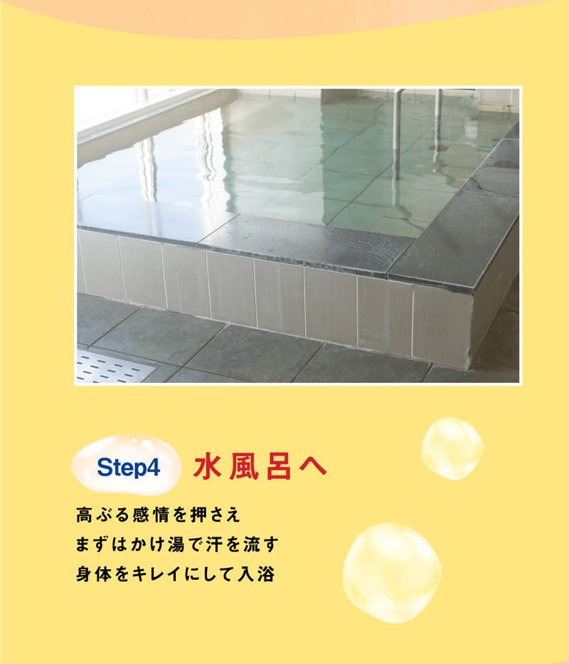 step4 水風呂へ 高ぶる感情を押さえまずはかけ湯で汗を流す 身体をキレイにして入浴