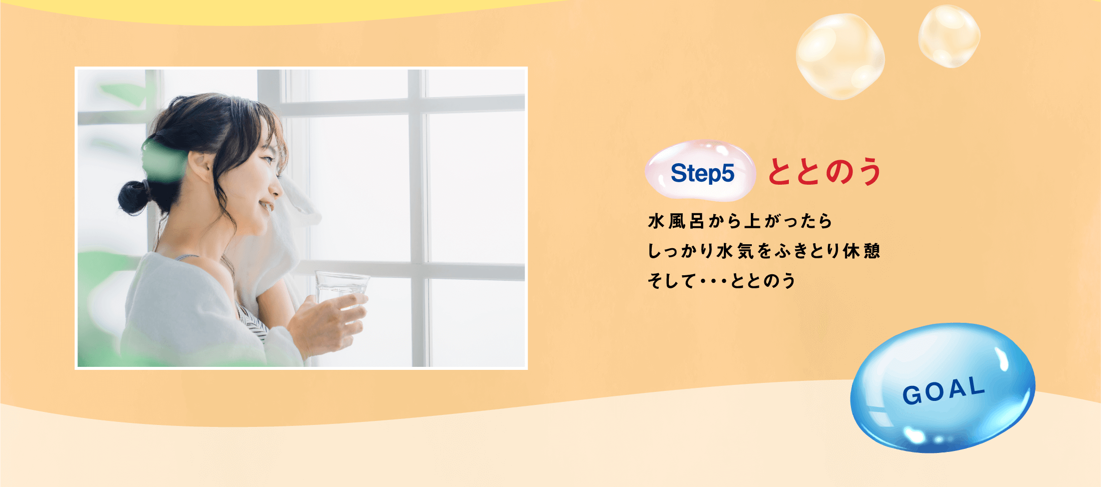 step5 ととのう 水風呂から上がったらしっかり水気をふきとり休憩 そして...ととのう